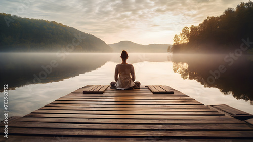 Young girl meditating on a wooden pier on the edge of a lake for improving focus