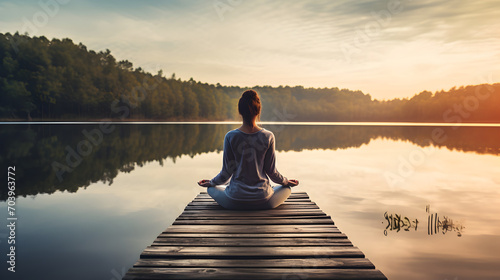 Young woman meditating on a wooden pier on the edge of a lake for improving focus photo