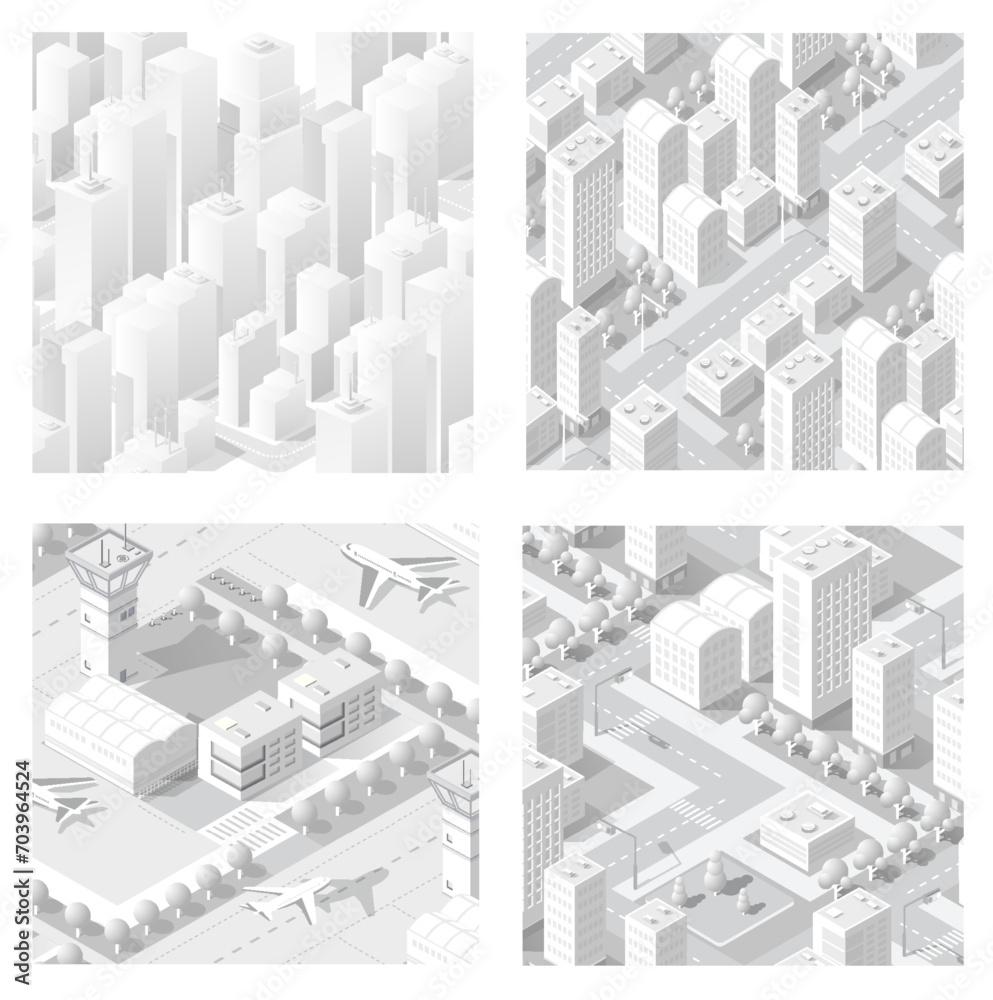 Isometric set of blocks module of areas of the city construction and designing