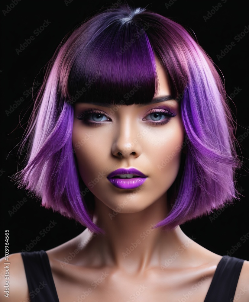 close-up portrait of a woman with purple hair in a studio with black background