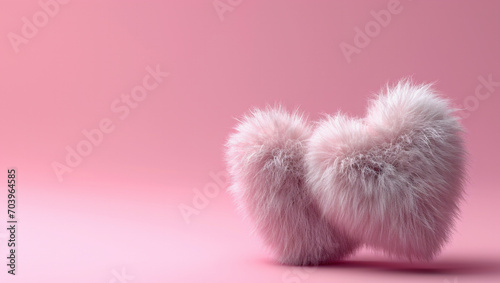 Several colorful fur hearts. Fur heart shapes on pink background, denoting love and care. Valentine's Day and happines.