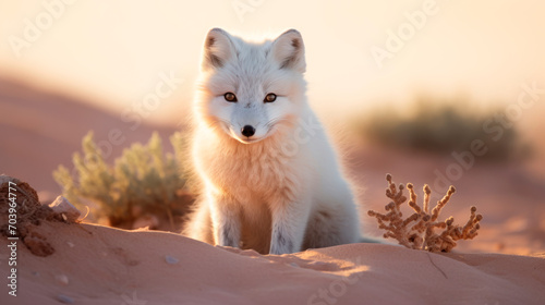 Arctic fox with its distinctive white fur sits against desert landscape, unusual habitat for such an animal in background The warm, soft light of setting or rising sun. Climate change. Global warming © stateronz