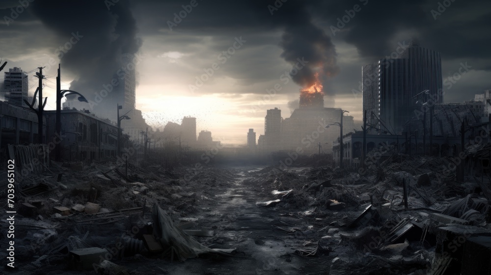 modern city devastated by explosions and chaos, apocalipse