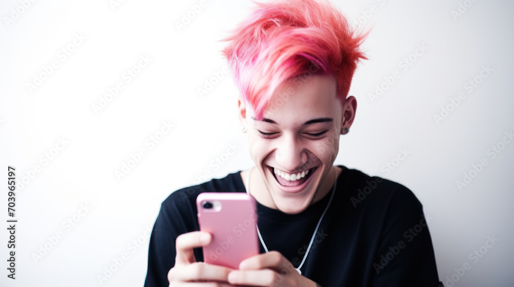 A pink-haired young man looking at the smartphone and laughing closeup.
