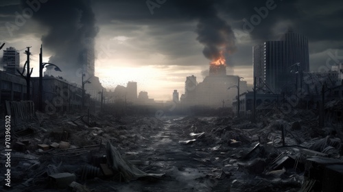 modern city devastated by explosions and chaos  apocalipse