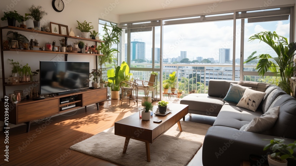 A bright and airy living room with a large window and a view of the city