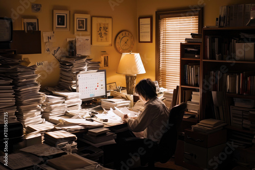 A worker in a cluttered office surrounded by towering stacks of paperwork and documents, working diligently at a desk.