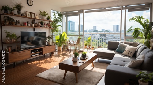 A bright and airy living room with a large window and a view of the city