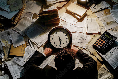 An overworked professional surrounded by scattered papers and a clock, highlighting the stress of deadlines. photo