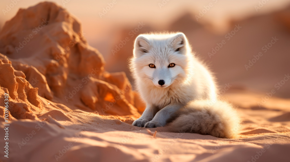 Arctic fox with its distinctive white fur sits against desert landscape, unusual habitat for such an animal in background The warm, soft light of setting or rising sun. Climate change. Global warming - obrazy, fototapety, plakaty 