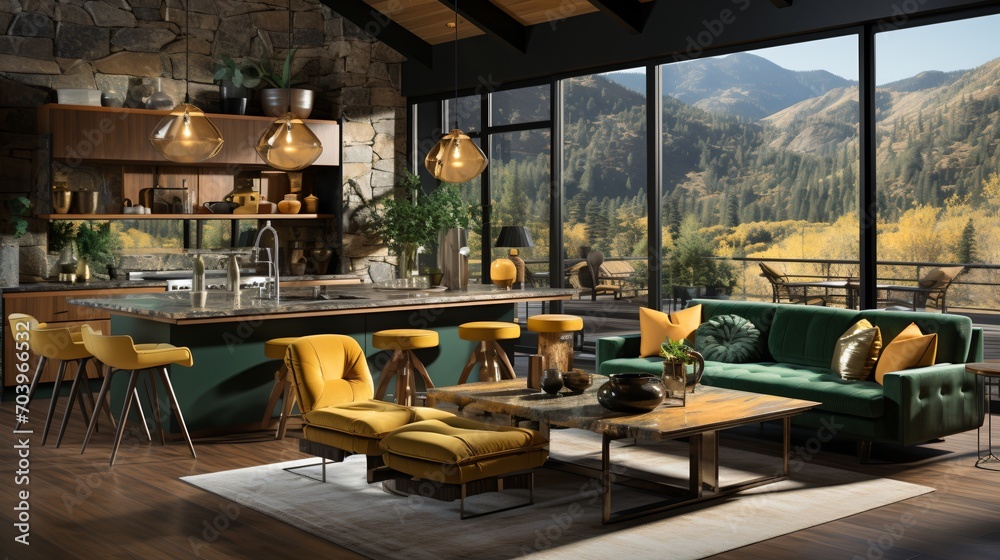 Fototapeta premium Modern mountain home interior living room kitchen