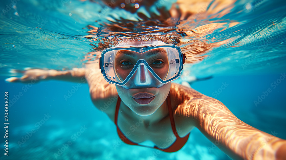 Naklejka premium Beautiful Young Woman Snorkeling and Diving in Clear Water at the Beach