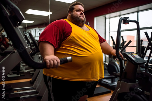 Fat man in gym, fat man doing sports, overweight, man with beard