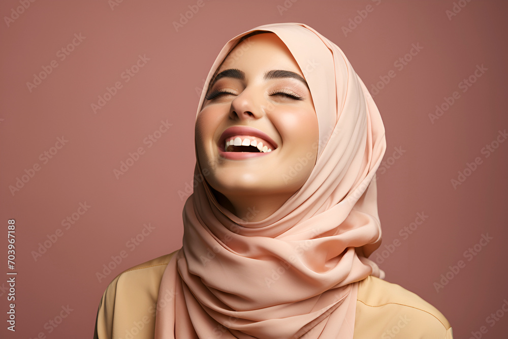 Horizontal shot of positive Muslim woman keeps eyes closed keeps hands on face smiles gladfully wears traditional hijab laughs at something funny isolated on pink background. Positive emotions concept Horizontal shot of positive Muslim woman keeps eyes closed keeps hands on face smiles gladfully wears traditional hijab laughs at something funny isolated on pink background. Positive emotions concept