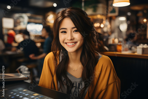 Smiling young Asian female barista at cafe photo