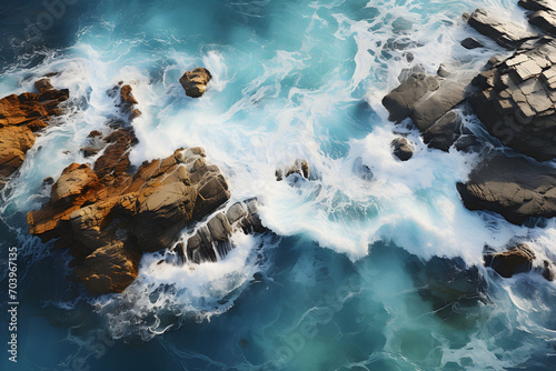 Aerial view of the ocean rocky shore. 