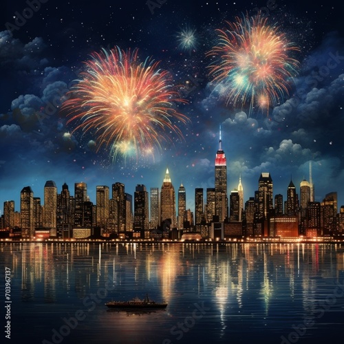 Artwork of a city skyline with fireworks, Fourth of July celebration in New York City. New Years Fireworks, Generative Ai