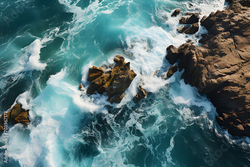 Aerial view of the ocean rocky shore. 