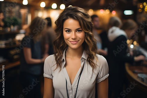 Portrait of waitress young woman wearing apron smiling and looking at camera  Attractive owner female working at cafe in restaurant coffee shop interior feeling creerful and happy