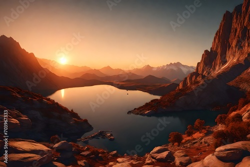 sunset on mountains 3d render