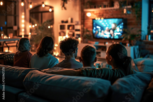 Young people watching movies on TV sitting on sofa in living room. Back view.