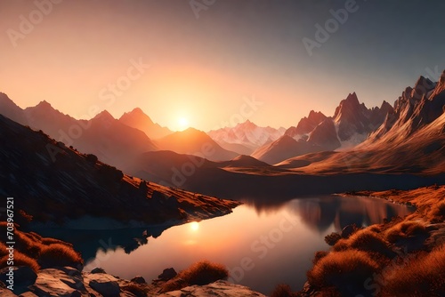 sunset on mountains 3d render