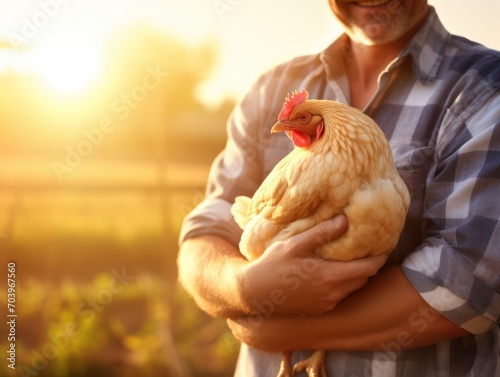 farmer man, chicken and portrait outdoor in field, healthy animal or sustainable care for livestock at agro job. Poultry entrepreneur, smile and bird in nature, countryside or agriculture
