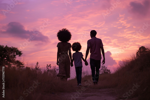 pink vibrant sunset field - black African american couple and child walking away - full view from behind - silhouette of a loving diversity black ethnic descendant family photo