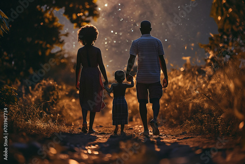 Sun setting in the field - sun rays shining - black African american couple and child walking away - full view from behind - silhouette of a loving diversity black ethnic descendant family photo