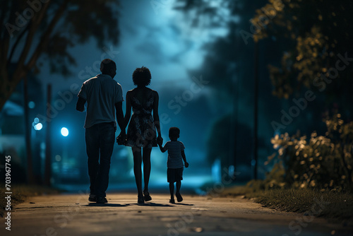 Blue night street - black African american couple and child walking away - full view from behind - silhouette of a loving diversity black ethnic descendant family