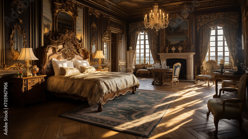 Chambre d'hôtel de luxe dans un château avec cheminée privée et meubles anciens restaurés avec goût