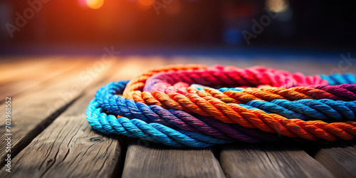 Vibrant rope coiled against the rustic texture of an old wooden deck