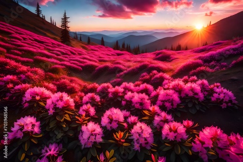 Magic pink flowers rhododendrons at sunset in a mountainous area. Location place Carpathian mountains, National Park Chornohora, Ukraine, Europe. Exotic photo wallpaper. Discover the beauty of earth 3