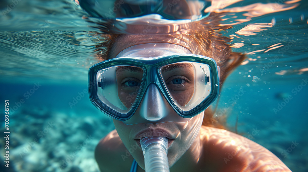 Naklejka premium Beautiful Young Woman Snorkeling and Diving in Clear Water at the Beach