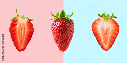 Different strawberries on bright background. Minimal food concept.