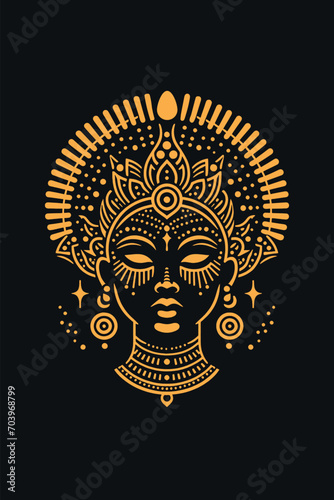 Beautiful African woman goddess portrait. Black princess, queen. Face in ethnic style. Engraving icon, logo. Golden and black color. Line art	