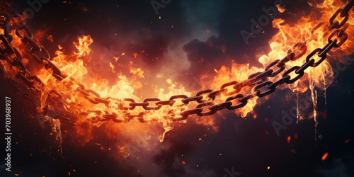 Chains breaking amidst intense flames and flying debris, symbolizing release and freedom