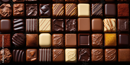 Various chocolates form an indulgent collage, with creamy and textured varieties on display