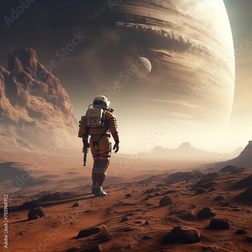 Astronaut on Mars looking at a moon of Jupiter photo