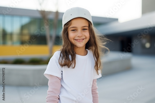 Fototapeta Naklejka Na Ścianę i Meble -  portrait of a smiling female architect. a girl of  7-10 years old smiles on the street. looks at the camera. wearing a white T-shirt. Walk in the fresh air