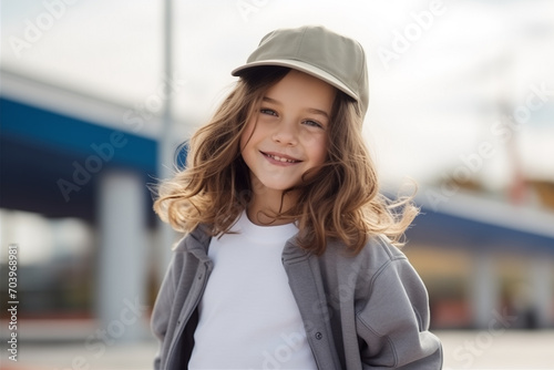 Fototapeta Naklejka Na Ścianę i Meble -  portrait of a child in a cap. a girl with wavy hair in a beige jacket and white T-shirt stands on the street during the day