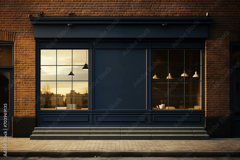 Blank frame mockup on a dark blue facade of a cafe with windows. - obrazy, fototapety, plakaty 