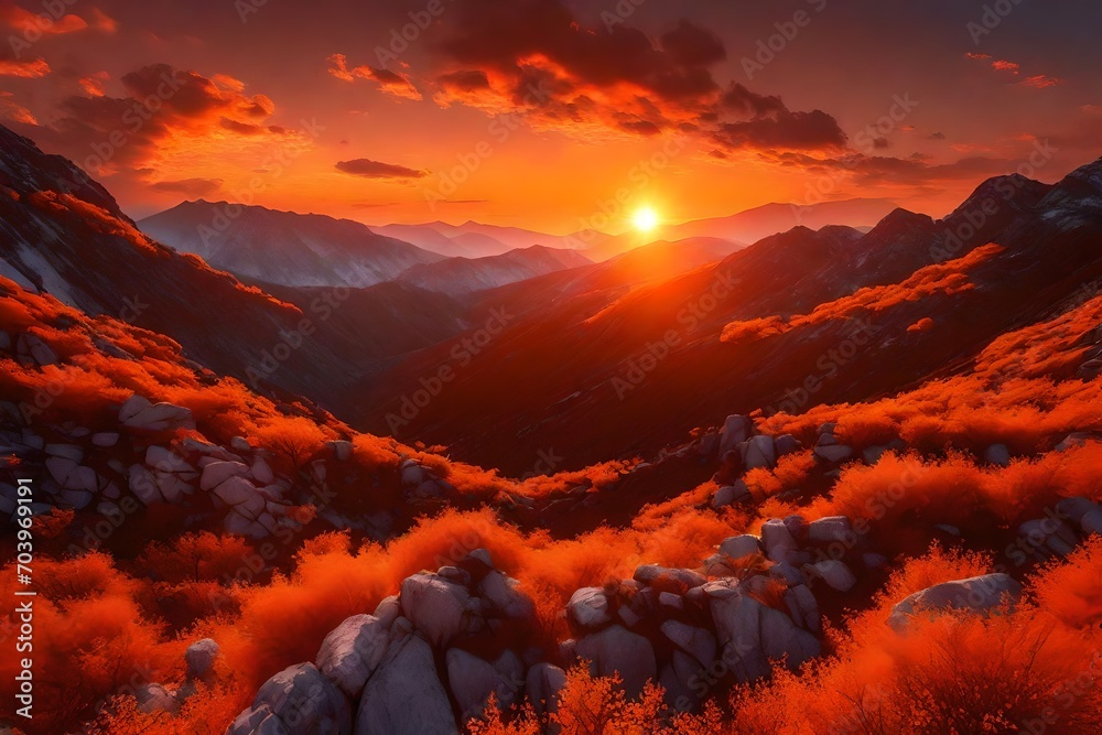 Orange sunset clouds over mountain landscape 