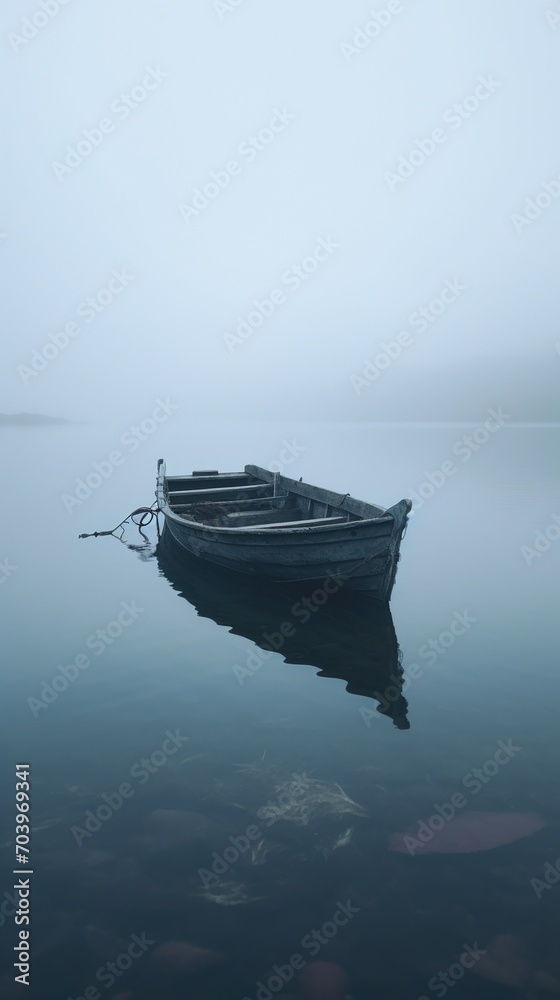 Wooden boat floating on a still lake on a foggy day