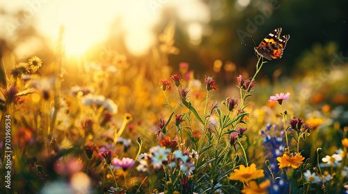 Fototapeta Naklejka Na Ścianę i Meble -  Beautiful summer sunset background with blooming wild flowers and flying butterfly
