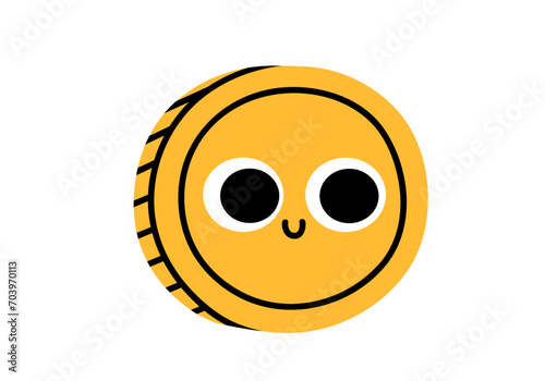 Hand drawn cute cartoon illustration of coin character. Flat vector money smiling mascot sticker in doodle style. Finance bank deposit icon. Banking or business print. Investment or savings. Isolated.