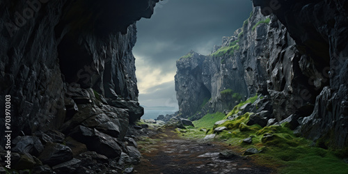 The path leading to a cave tunnel, set against the backdrop of a stormy, overcast sky photo