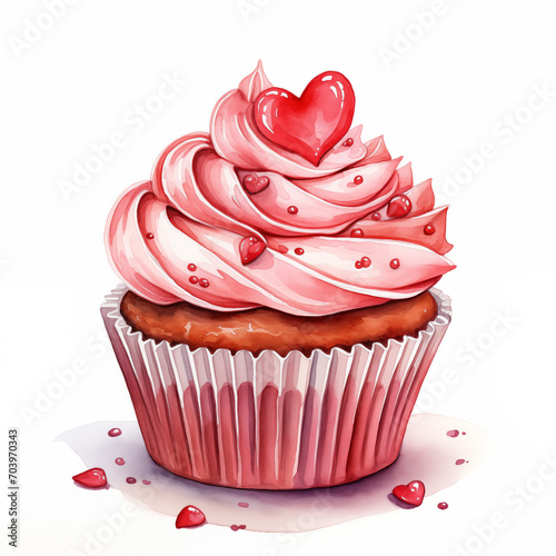 Watercolor Valentine cupcake, isolated Cupcake clipart on white background. Perfect for Valentine's Day, Birthday, Holiday, Food