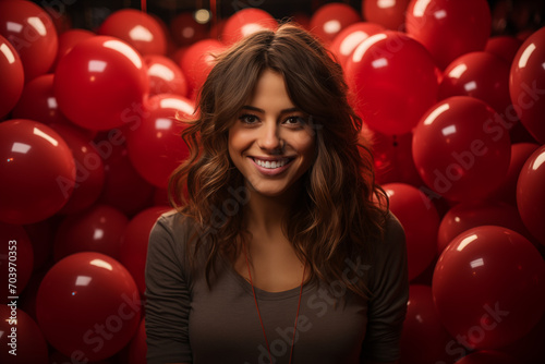Beautiful young woman with red balloons. Woman celebration party with red balloons, studio photo © Sveta