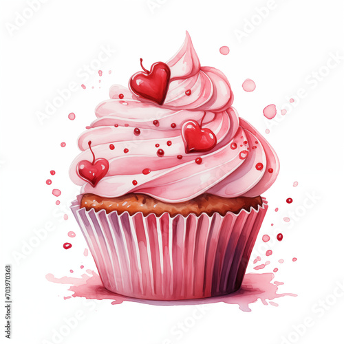 Watercolor Valentine cupcake, isolated Cupcake clipart on white background. Perfect for Valentine's Day, Birthday, Holiday, Food